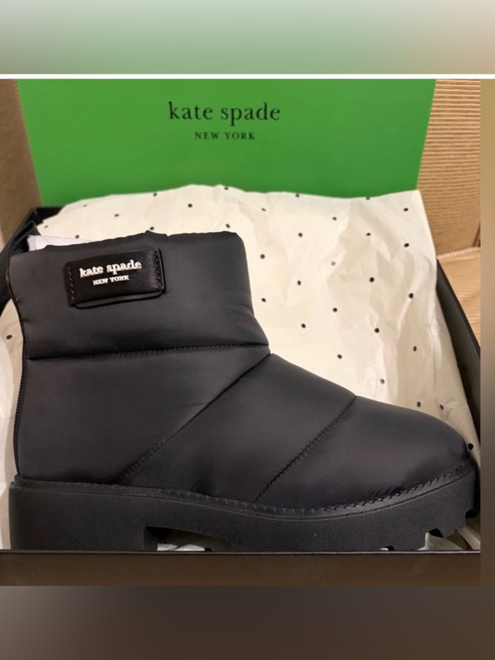 💯NWT Kate Spade New York Puffed Lug Sole Pull-On Booties in Black - Size 7